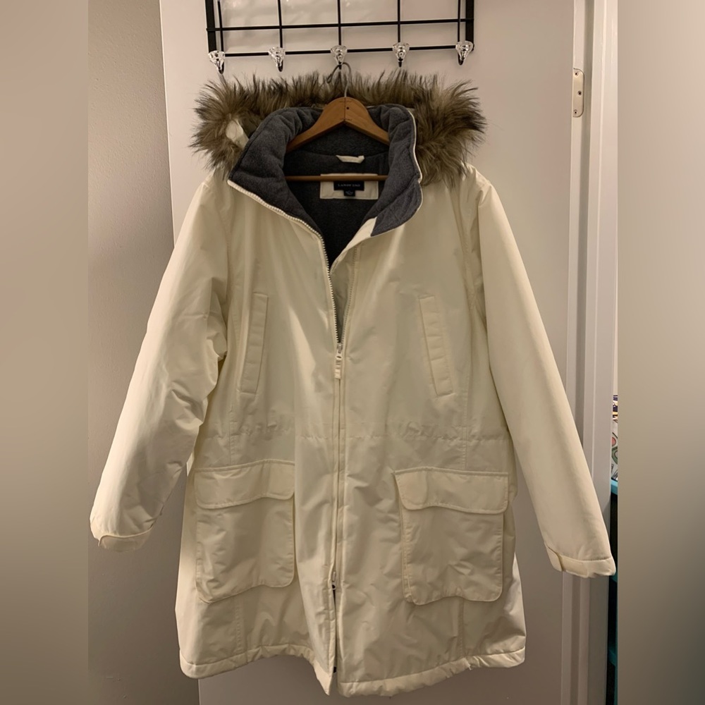 Lands' End Ivory Puffer Parka with Removable Faux Fur Trim